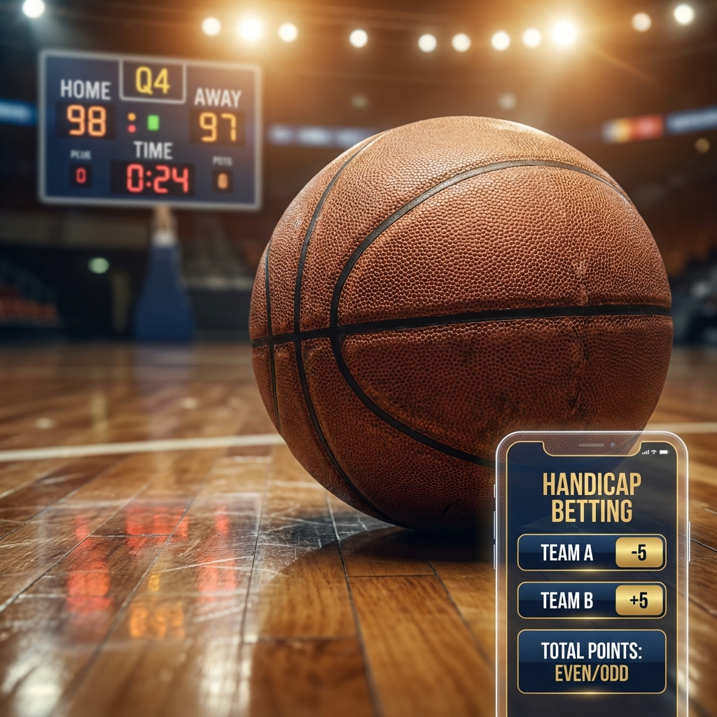 Handicap Betting Explained Basketball on court with mobile betting app interface overlay showing handicap odds