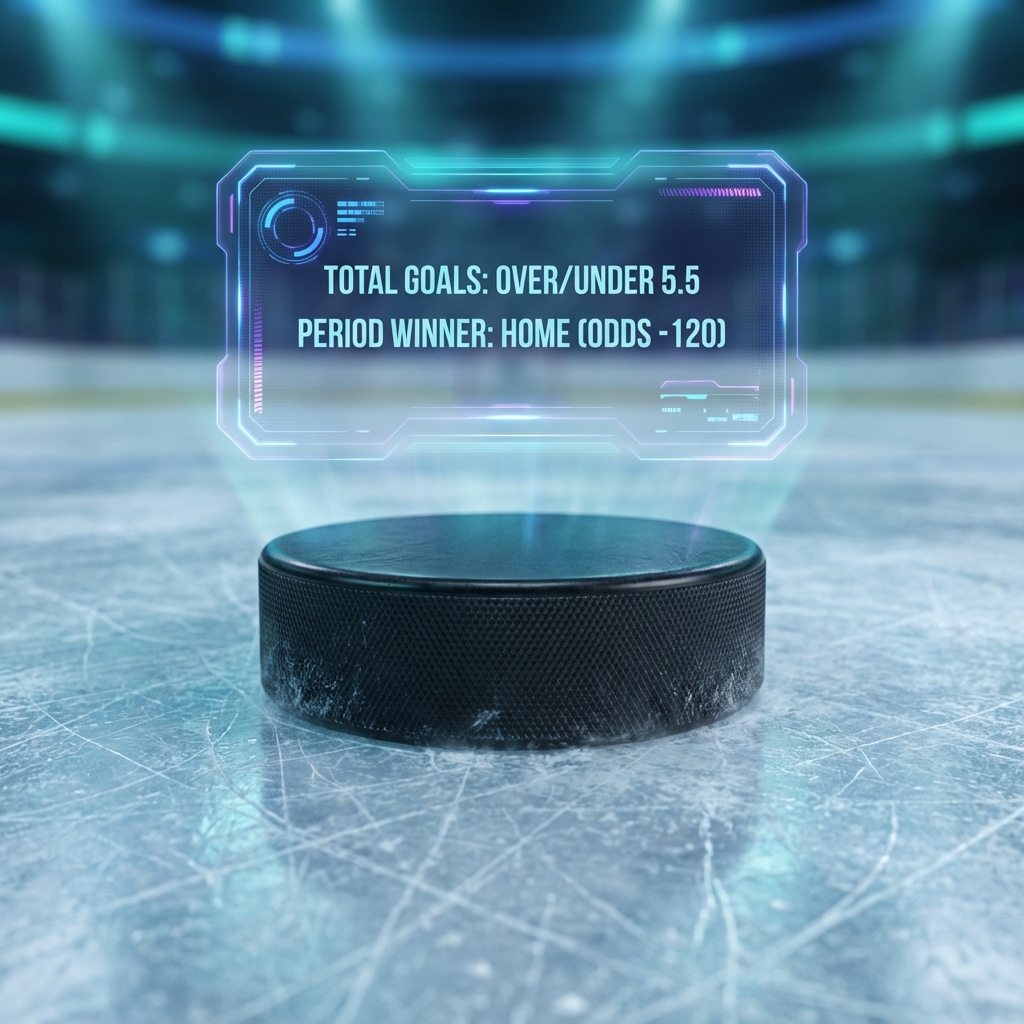 Hockey Betting Stats Close-up of hockey puck on ice with period winner betting overlay