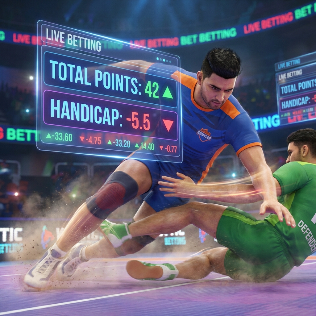 Live Kabaddi Markets Close-up of a tackle in Kabaddi with handicap and total points betting stats