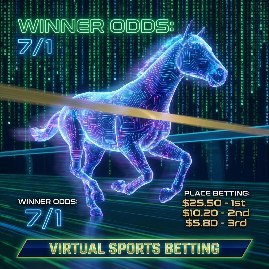 Virtual Racing Markets Digital racehorse finishing a race with odds overlay