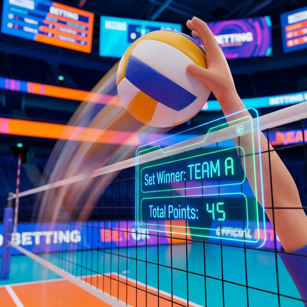 Live Volleyball Markets Close-up of volleyball spike with set betting and total points overlay